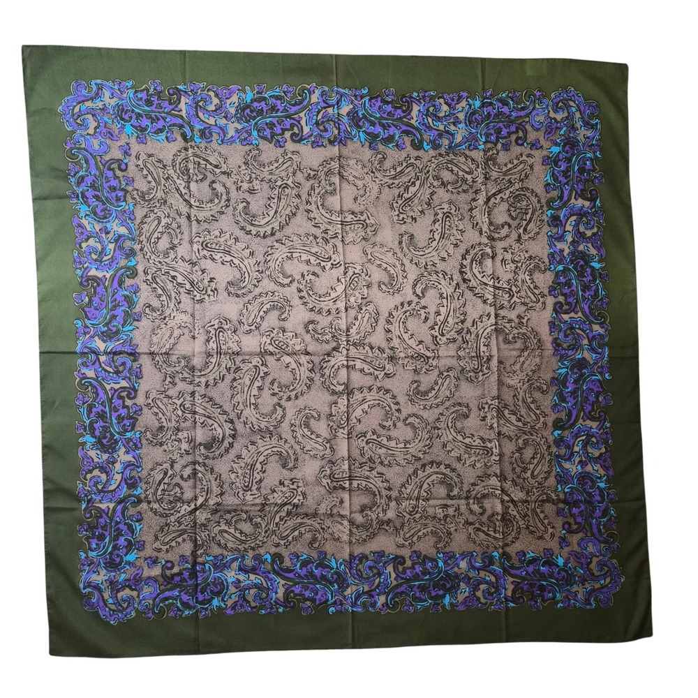 Elwin Italy Square Scarf Olive Green Paisley Scroll Print Large 34.5" RN 13793